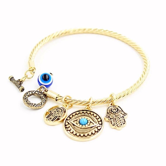 Evil Eye Hamsa Bangle Bracelet Gold GIFT - Picture 1 of 3